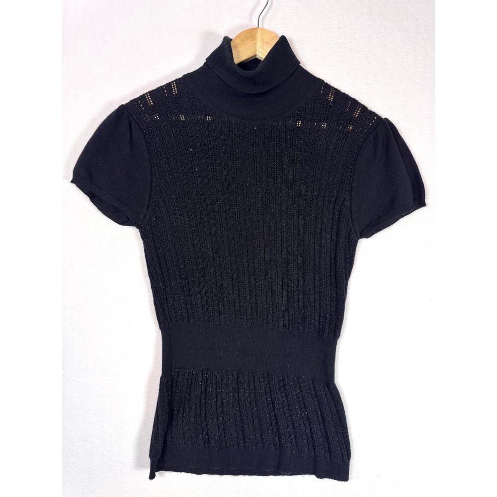 ZOE D Short Sleeve Knit Turtleneck Sweater Blouse Black Metallic Size M